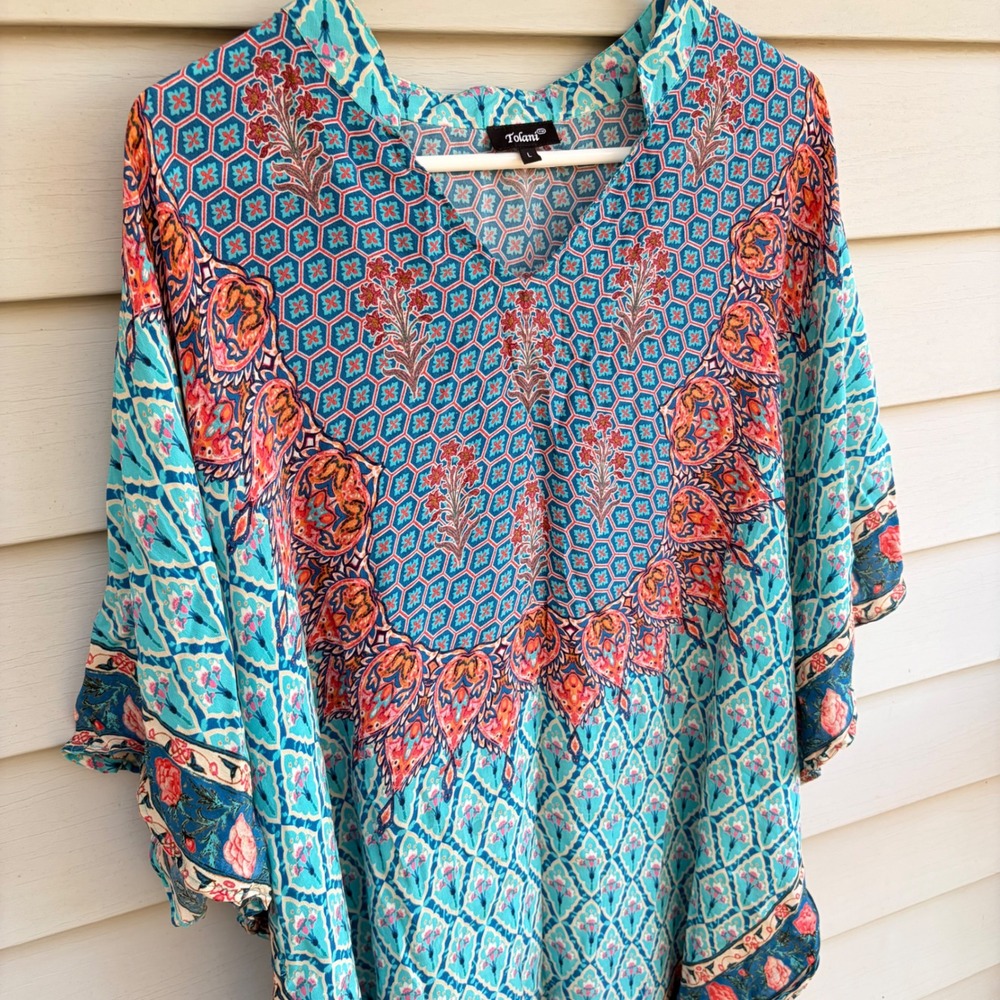 Tolani Silk Blend Kaftan Top Large Turquoise Blue Floral Paisley V-Neck Tunic